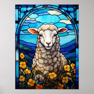 Stained Glass Sheep in a Spring Meadow of Yellow F Poster