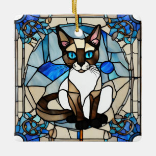 Stained Glass Siamese Cat Ceramic Square Ornament