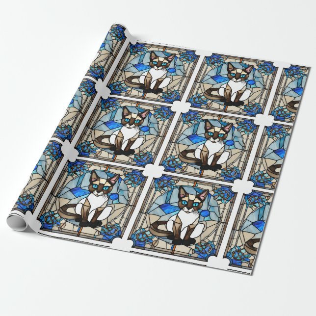 Stained Glass Siamese Cat Wrapping Paper (Unrolled)