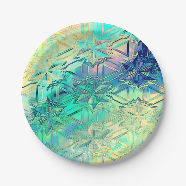 Stained glass snowflake colourful teal pink yellow paper plate (Front)