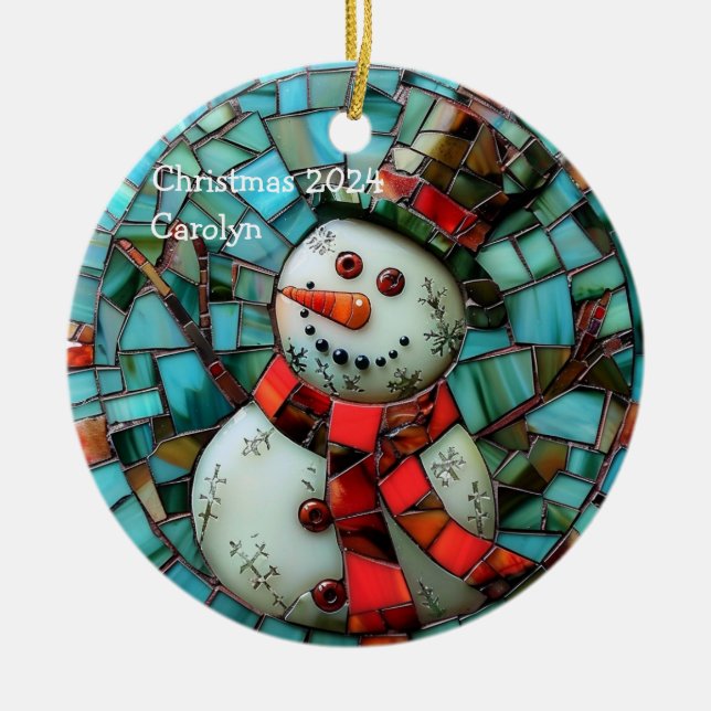 Stained Glass Snowman Personalised Ceramic Tree Decoration (Front)