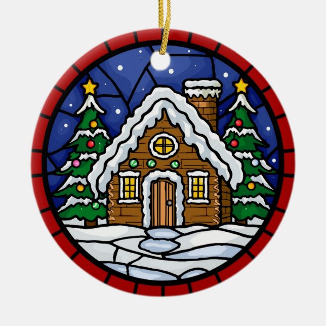 Stained Glass Snowy Cabin Ceramic Tree Decoration (Front)