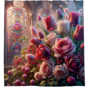“Stained Glass Splendour: Dew-Kissed Roses Bouquet Shower Curtain
