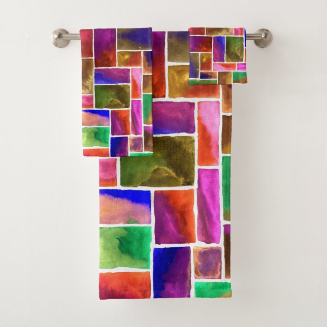 Stained Glass Squares Pattern Bath Towel Set (Insitu)