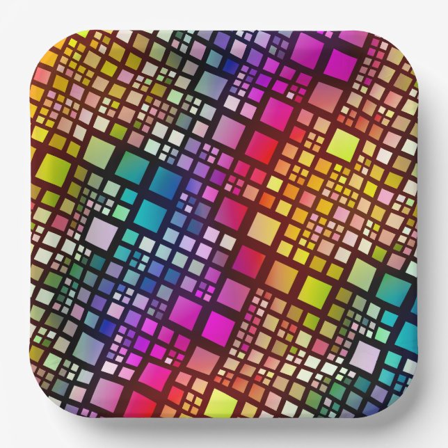 stained glass squares - vibrant rainbow :  paper plate (Front)