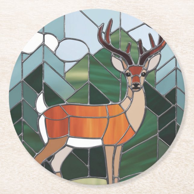 Stained Glass - Stained Glass Style Deer Art Round Paper Coaster (Front)