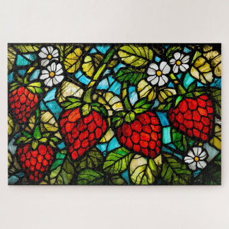 Stained Glass Strawberries, Leaves and Flowers  Jigsaw Puzzle