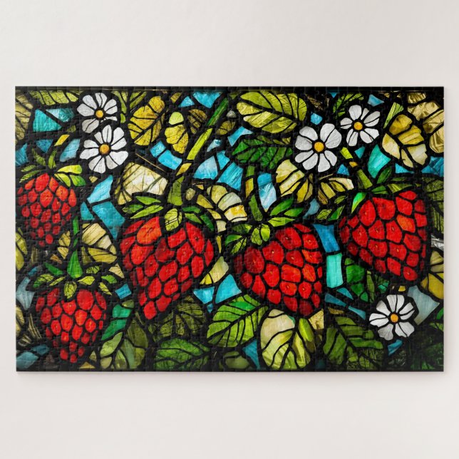 Stained Glass Strawberries, Leaves and Flowers  Jigsaw Puzzle (Horizontal)