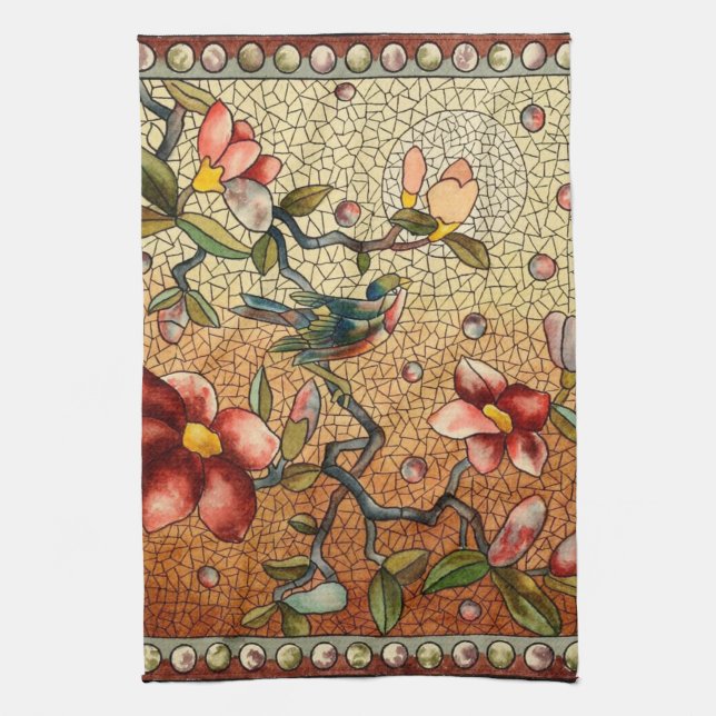 Stained glass style bird on a flowering tree tea towel (Vertical)