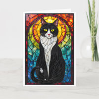 Stained Glass Style Black and White Tuxedo Cat
