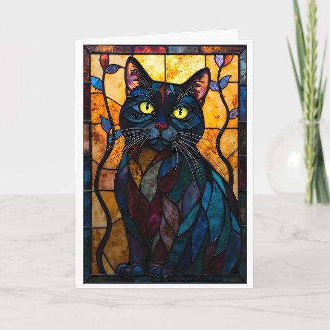 Stained Glass Style Black Cat with Leaves Card (Front)