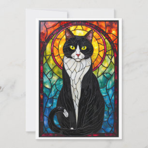 Stained Glass Style Black White Tuxedo Cat Flat Card