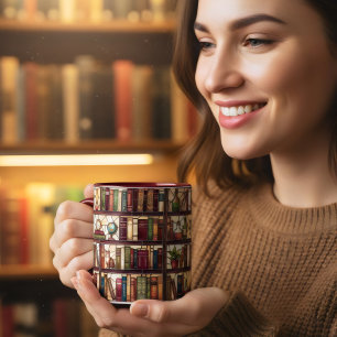 Stained glass style bookshelf coffee book lover mug