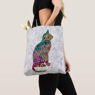 Stained Glass Style Cat Profile Vintage Bag Tote