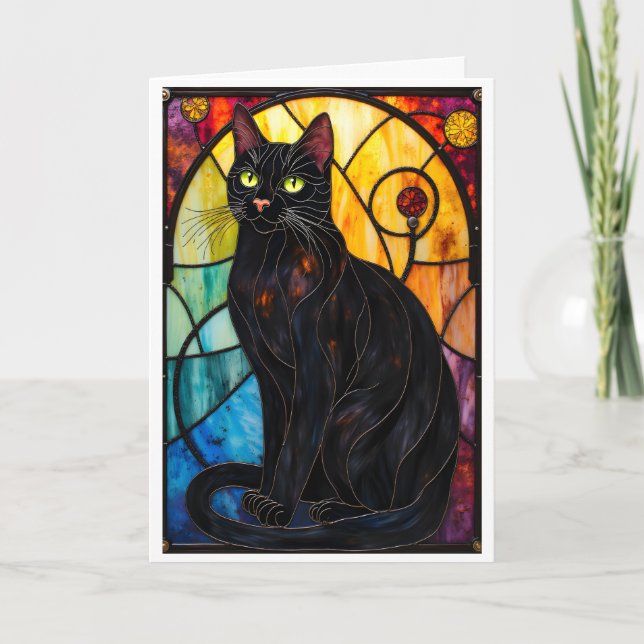 Stained Glass Style Charming Black Cat Card (Front)