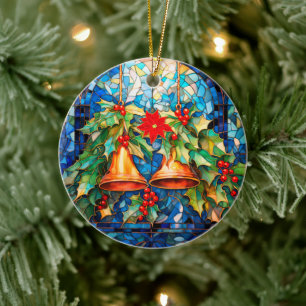Stained Glass Style Christmas Bells and Poinsettia Ceramic Tree Decoration