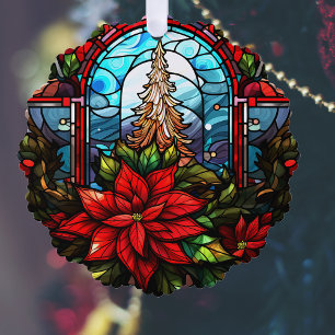 Stained Glass Style Christmas Tree and Poinsettia Decoration Card