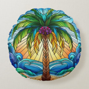 Stained Glass Style Colourful Palm Tree Round Cushion