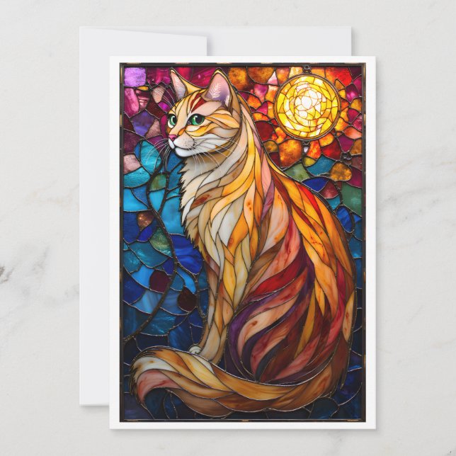 Stained Glass Style Fluffy Orange and White Cat  Card (Front)