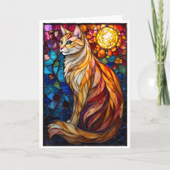 Stained Glass Style Fluffy Orange and White Cat  Card (Front)