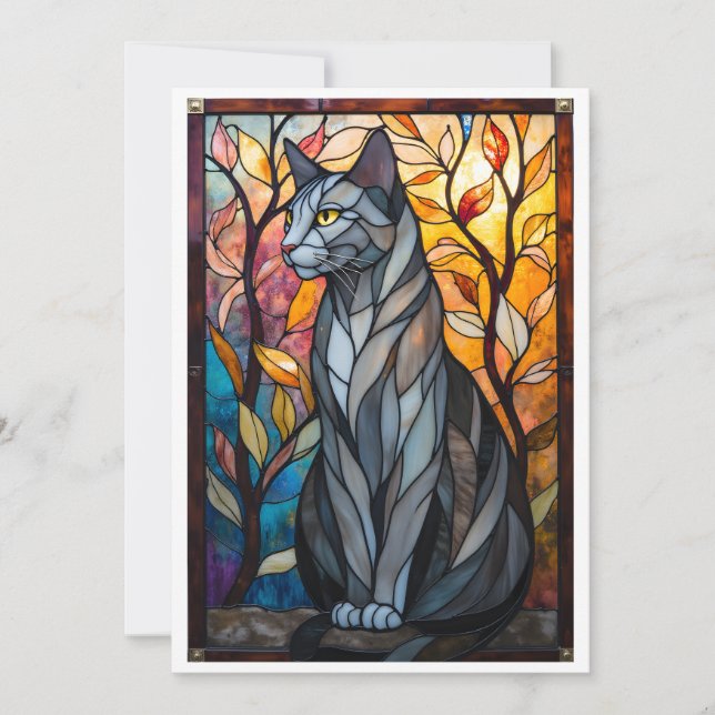Stained Glass Style Gray Cat with Leaves Card (Front)
