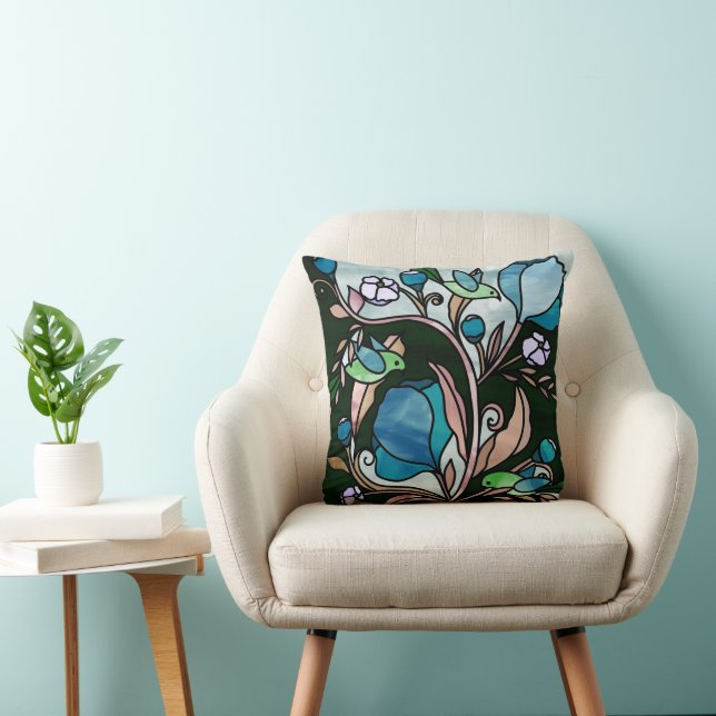 Stained glass style green birds and blue flowers   cushion (Chair)