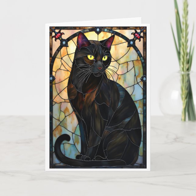 Stained Glass Style Handsome Black Cat Card (Front)