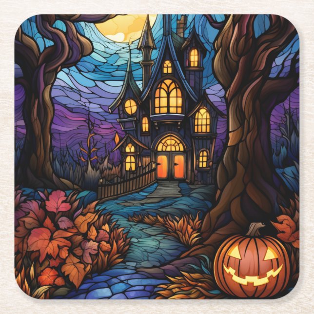 Stained Glass style haunted house Square Paper Coaster (Front)