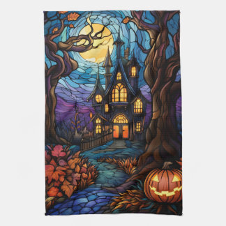 Stained Glass style haunted house Tea Towel