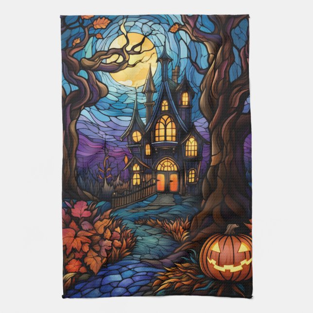 Stained Glass style haunted house Tea Towel (Vertical)