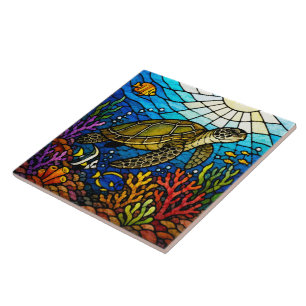 Stained glass style Hawaiian sea turtle Honu art Tile