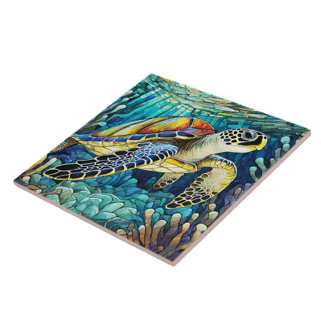Stained glass style Hawaiian sea turtle Honu art Tile (Side)