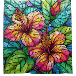 Stained glass style hibiscus shower curtain