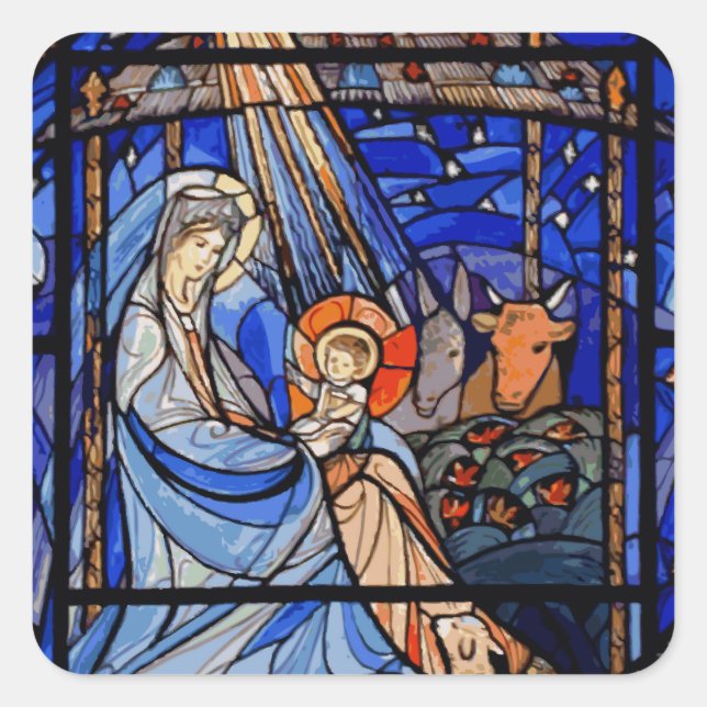 Stained Glass Style Nativity Square Sticker (Front)