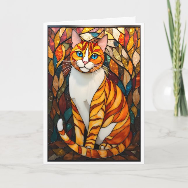 Stained Glass Style Orange Cat Blue Eyes Card (Front)