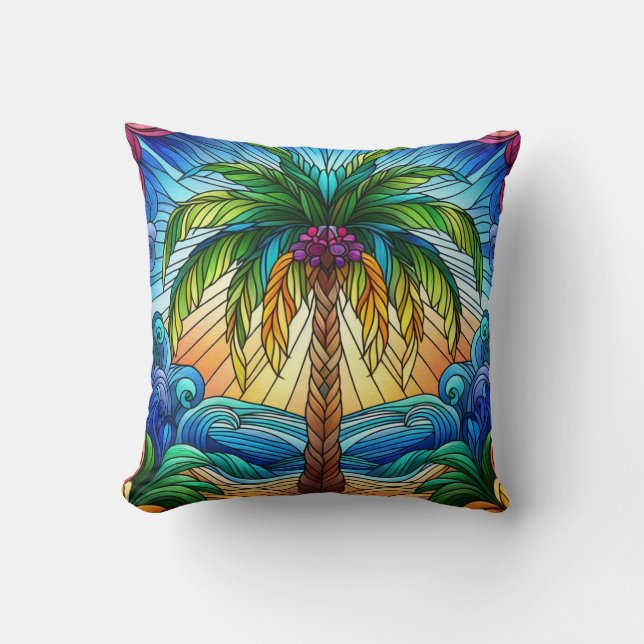Stained Glass Style Palm Tree Art Cushion (Front)