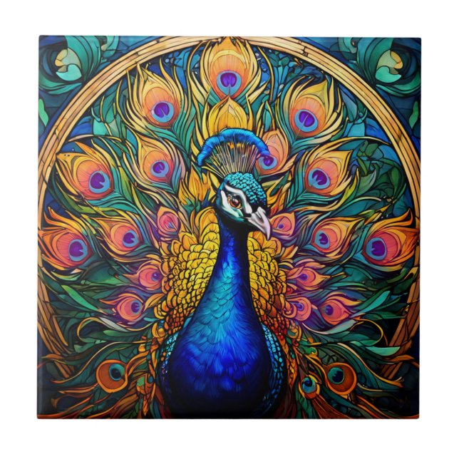 Stained Glass Style Peacock Ceramic Tile (Front)