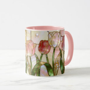 Stained Glass Style Pink and Yellow Tulips Mug