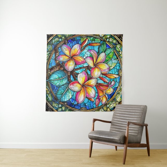 Stained glass style plumeria art tapestry (In Situ (Horizontal))