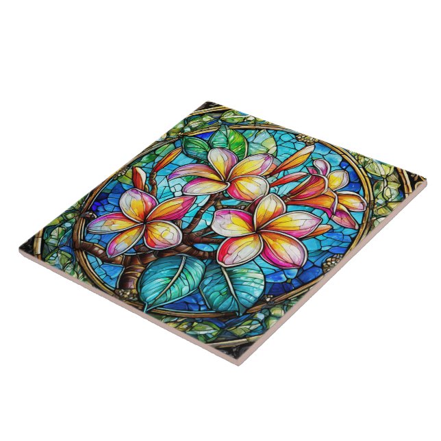 Stained glass style plumeria art tile (Side)