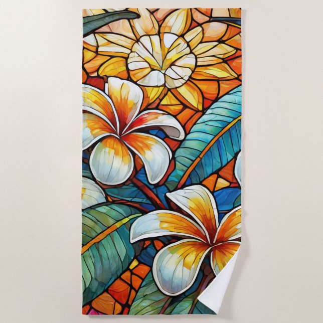 Stained glass style plumeria on orange beach towel (Front)