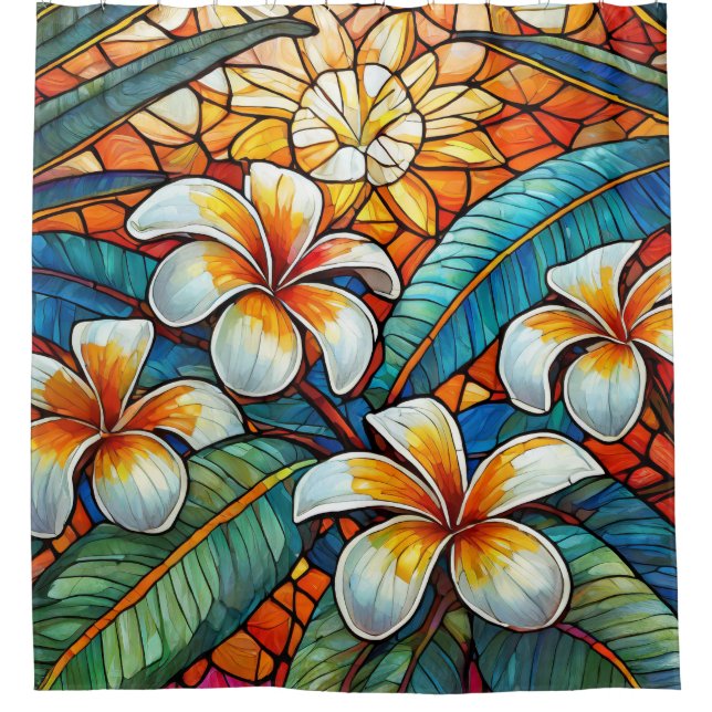 Stained glass style plumeria on orange shower curtain (Front)