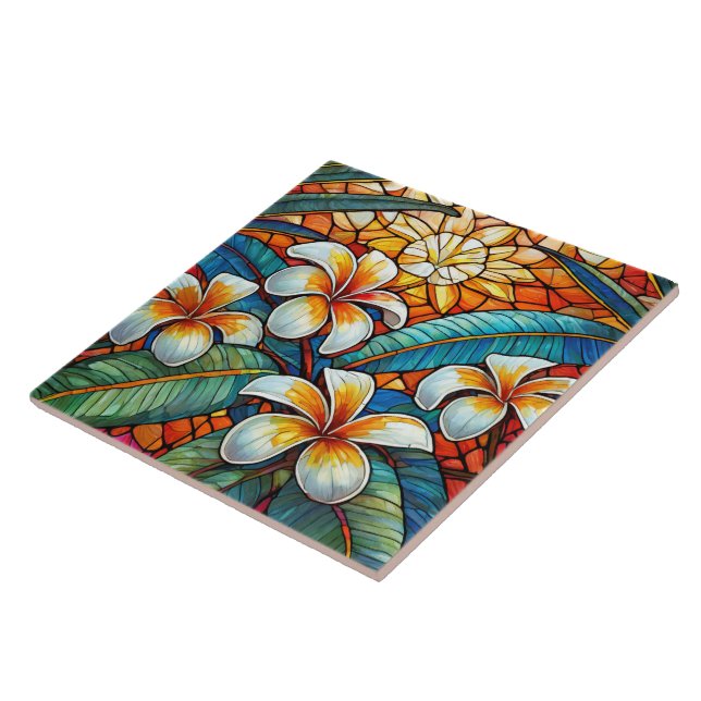 Stained glass style plumeria on orange tile (Side)