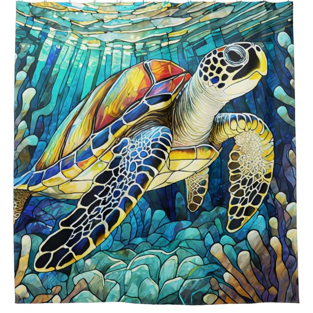 Stained glass style sea turtle shower curtain (Front)