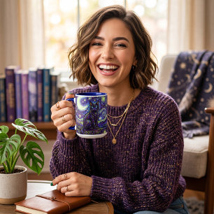 Stained glass style starry night cat coffee mug