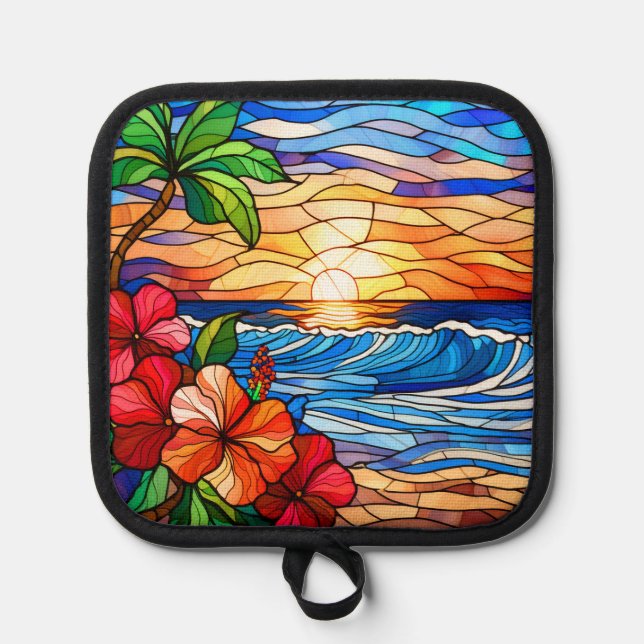 Stained glass style tropical sunset on beach art pot holder (Front)