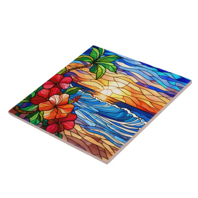 Stained glass style tropical sunset on beach art tile (Side)