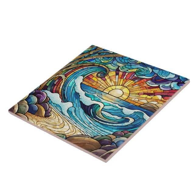 Stained glass style tropical sunset on beach art tile (Side)