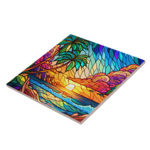 Stained glass style tropical sunset on beach art tile