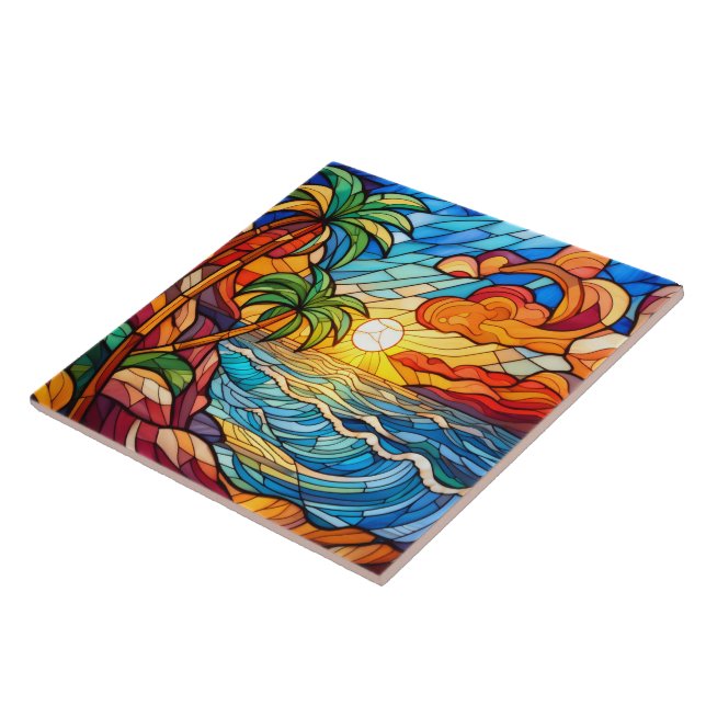 Stained glass style tropical sunset on beach art tile (Side)